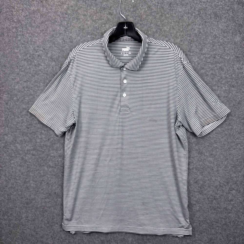 Puma Mens M Polo Shirt Navy Blue White Striped Short Sleeve Golf Performance